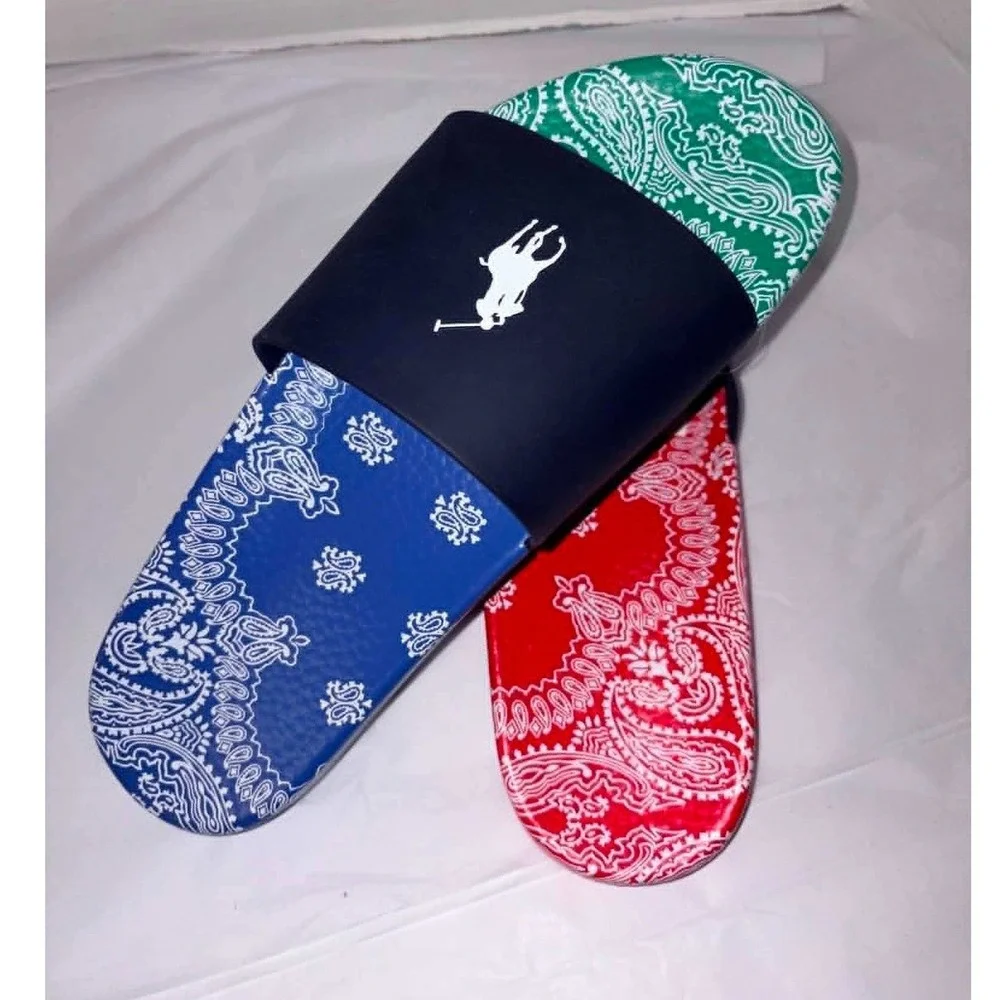 Polo Ralph Lauren Slides Mens 13 Bandana Paisley Multicolor Navy Sandals